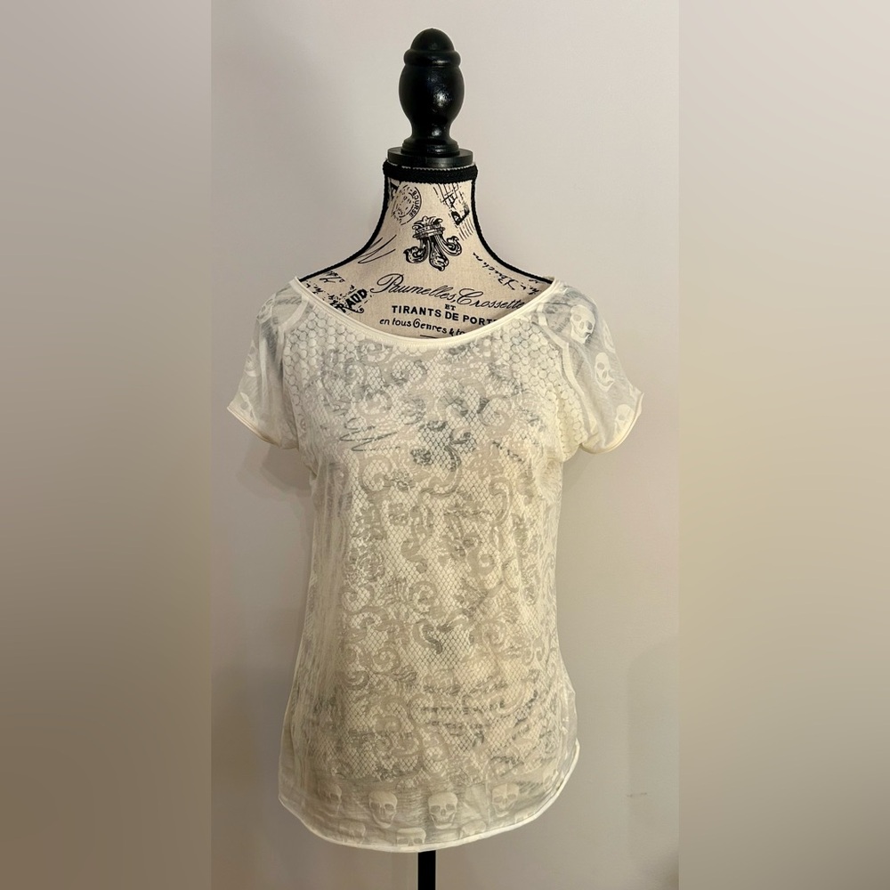 Guess Women's Cream Sheer Lace Design Top.
